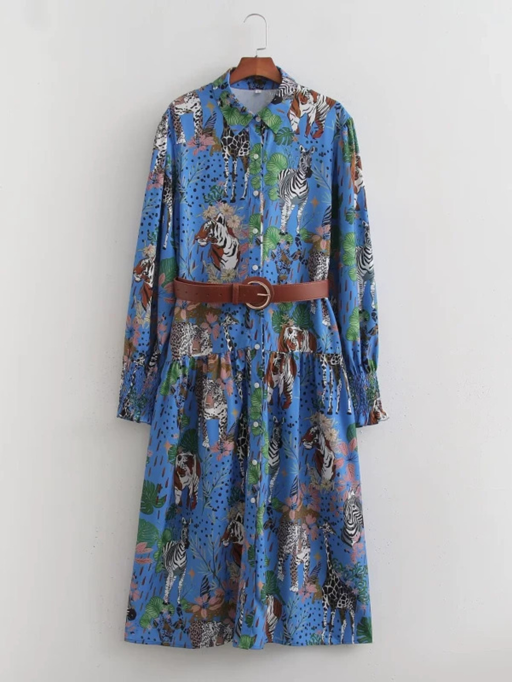 Long Sleeve Printed Belted Maxi Dress